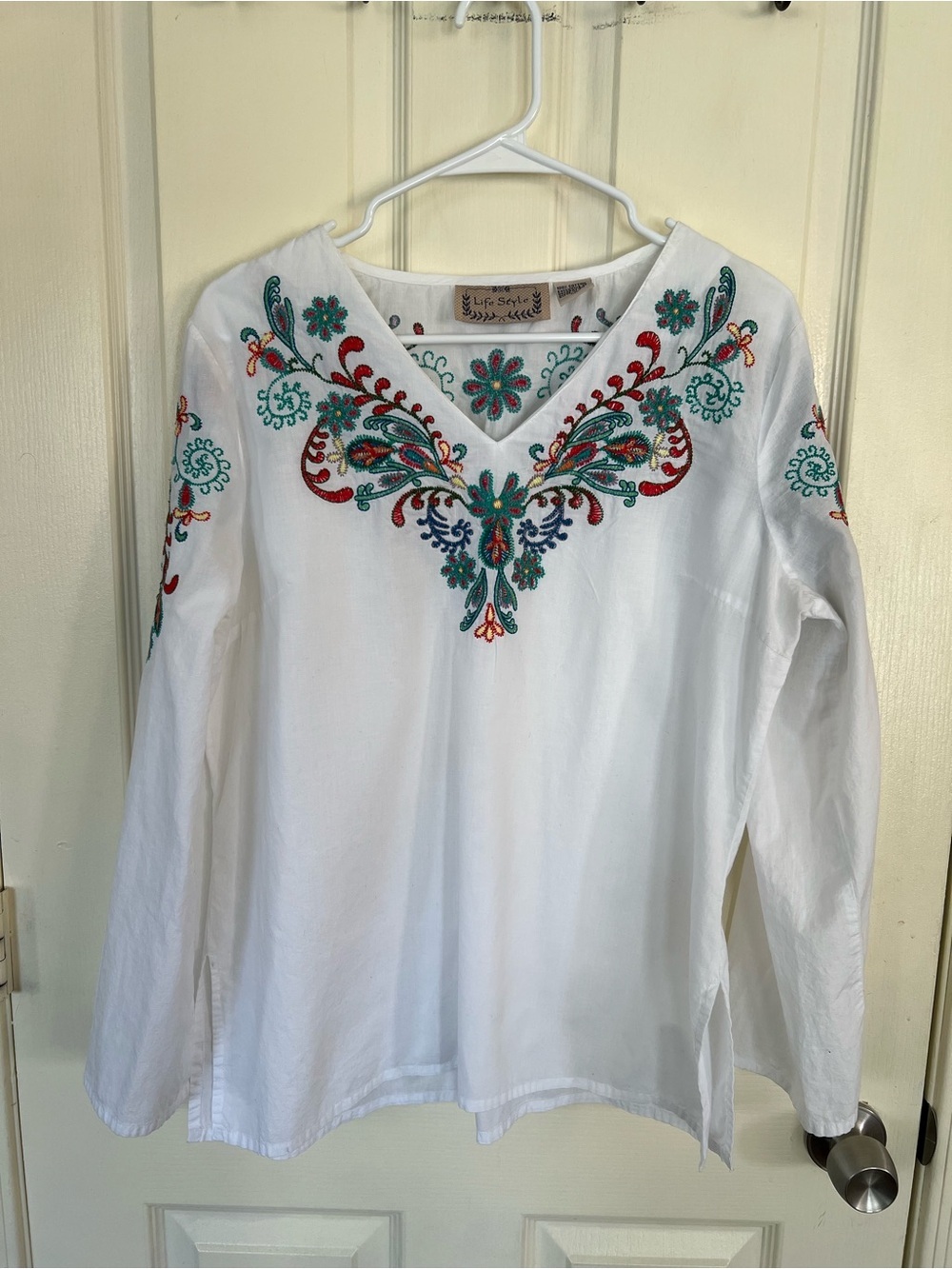 Life Style White Embroidered Cotton Boho Tunic Blouse Large